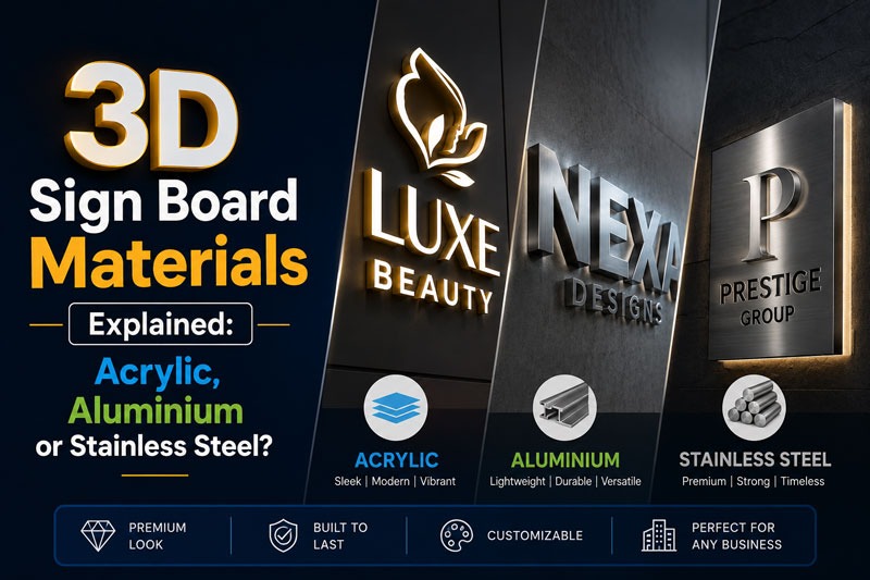 3D Sign Board Material Comparison Acrylic, Aluminium or Stainless Steel